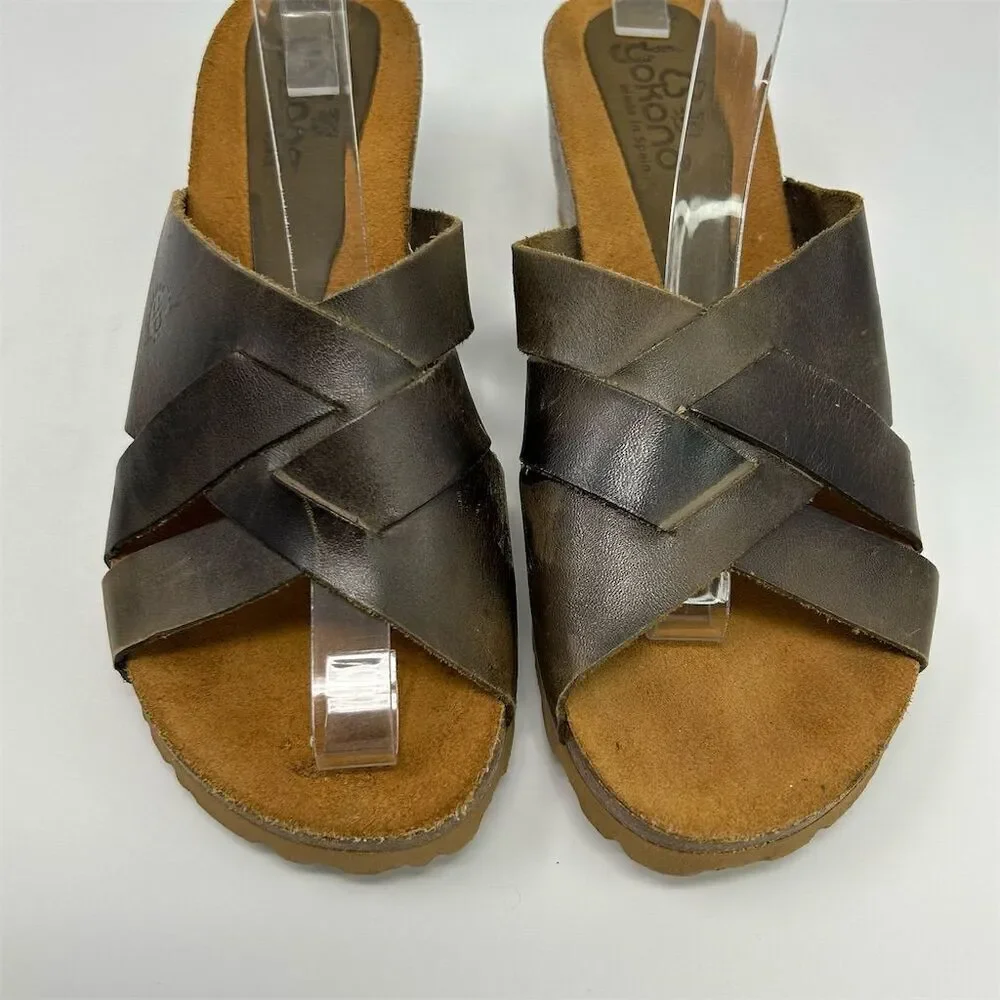 Yokono Women's Brown Leather Slip-On Wedge Sandals Size 9 Comfort Summer